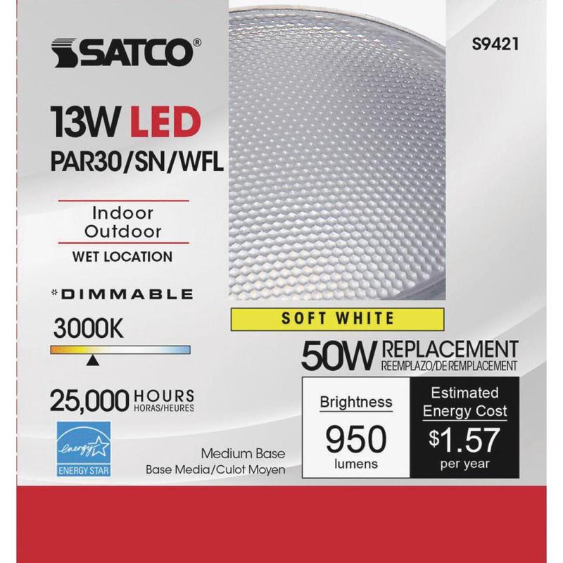 Satco 50W Equivalent Warm White PAR30 Short Neck Medium Dimmable LED Floodlight Light Bulb