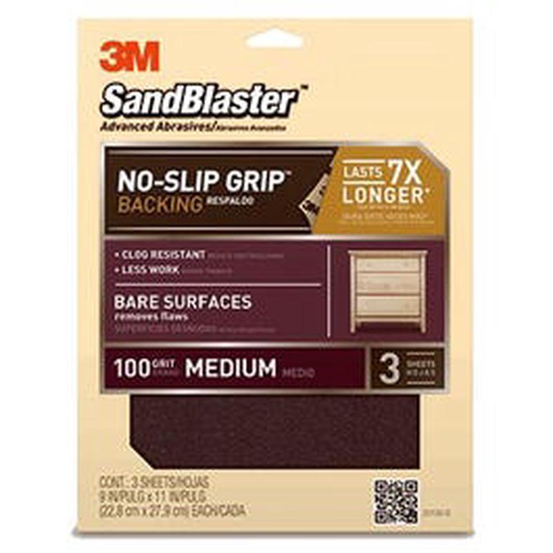 Sandblaster No Slip Grip Sandpaper, 100-Grit, Maroon, 9 x 11-In., 3-Pk.