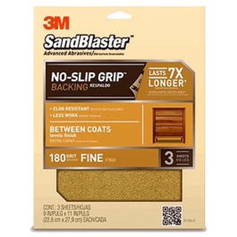 Sandblaster No Slip Grip Sandpaper, 180-Grit, Gold, 9 x 11-In., 3-Pk.