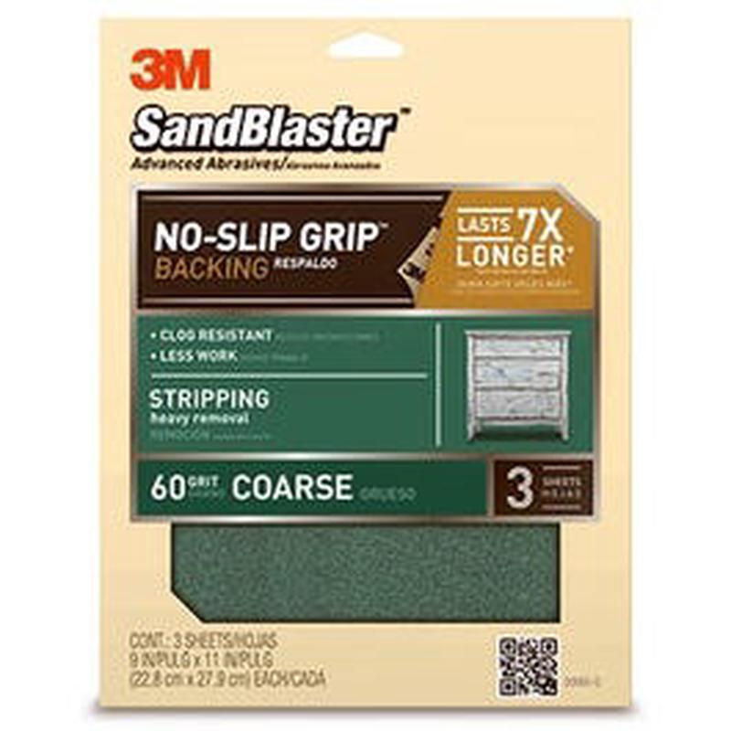 Sandblaster No Slip Grip Sandpaper, 60-Grit, Green, 9 x 11-In., 3-Pk.