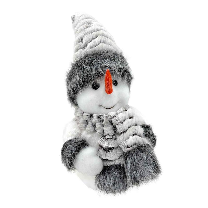 Bonhomme de neige avec chapeau et charpe de fourrure en blanc et gris, 10,5"