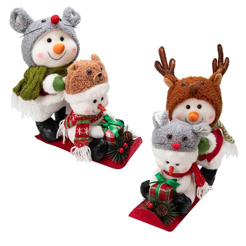 Bonhommes de neige en tissu avec tuques d'animaux sur traineau, 28 cm x 33 cm (choix entre 2 modles)
