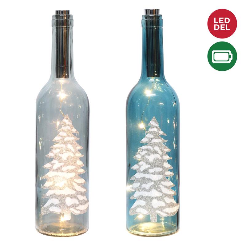 Bouteille lumineuse  DEL de 30,5 cm avec dcalque de sapin, choix de 2 modles : bleue ou grise