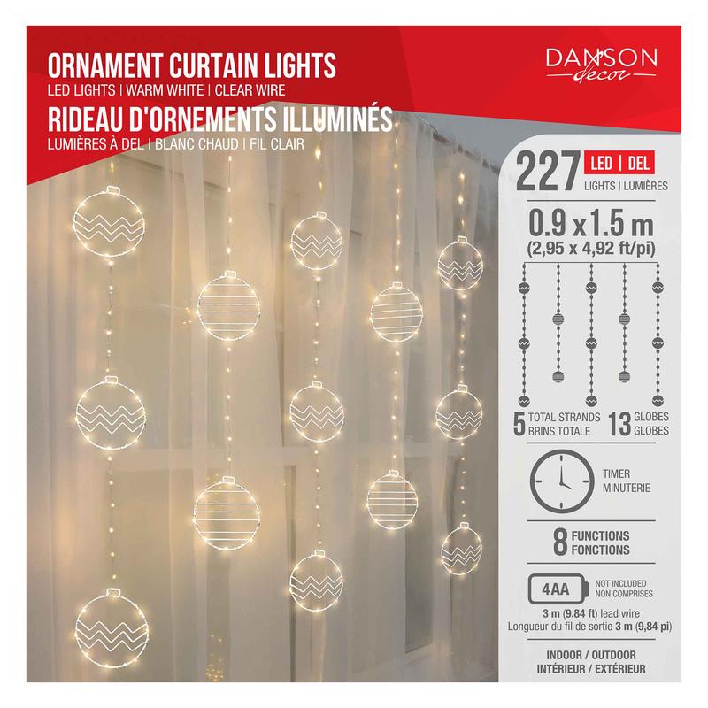 Rideau avec ornements  227 lumires DEL blanc chaud et 8fonctions, 2,95' x 4,92' (0,9m x 1,5m)