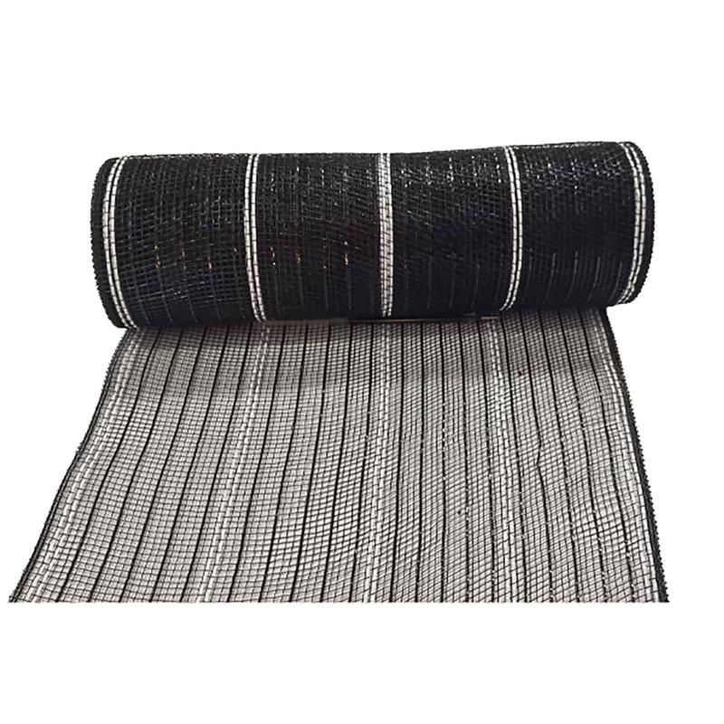 Ruban dcoratif lign en mailles brillantes de 10" x 10verges, blanc mtallis et noir