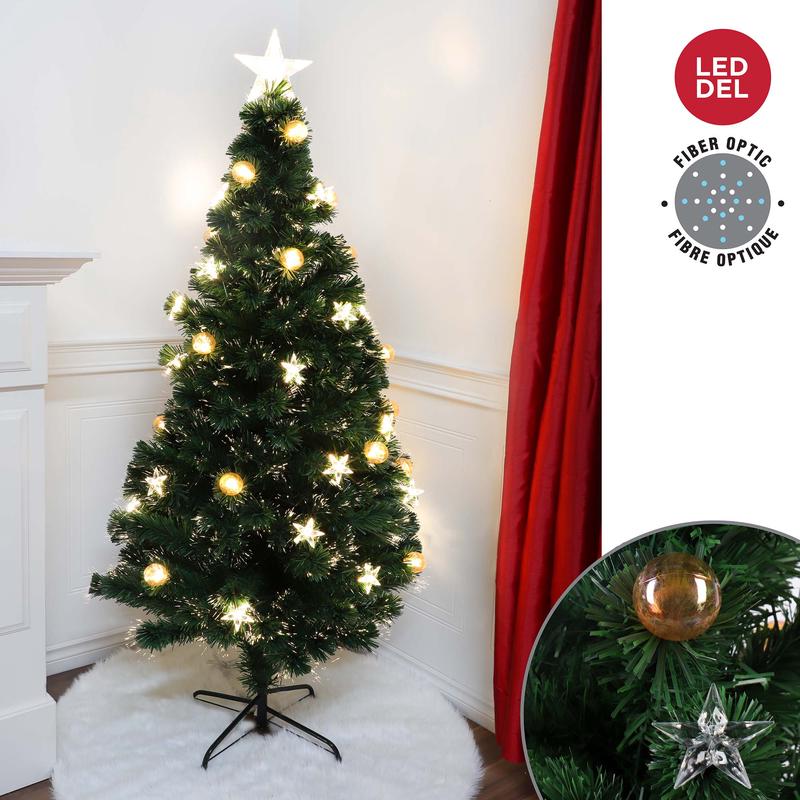 Sapin de Nol en fibre optique avec boules et toiles illumines  DEL, 180 cm