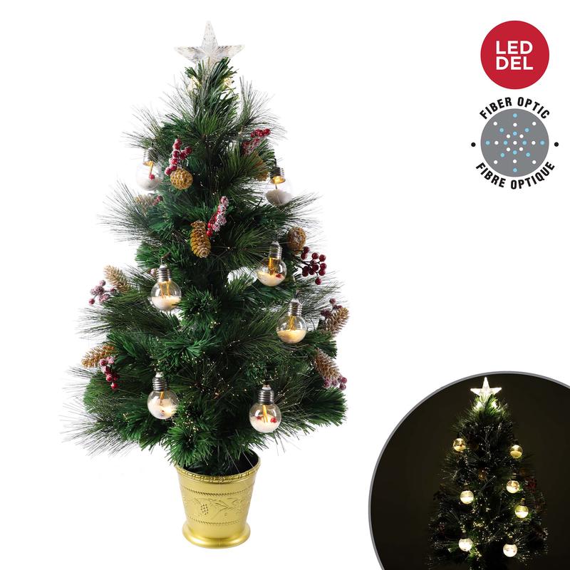 Sapin de Nol en fibre optique avec boules illumines  DEL et ornements, 3'