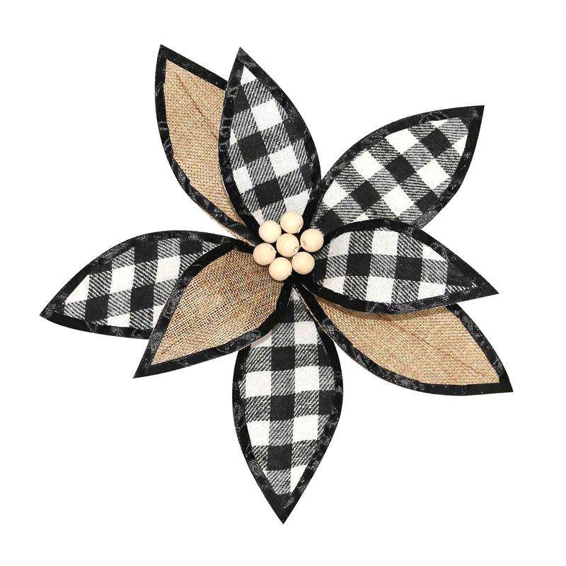 Tte de poinsettia en jute naturelle avec motif  carreaux en noir et blanc et clip, 12"