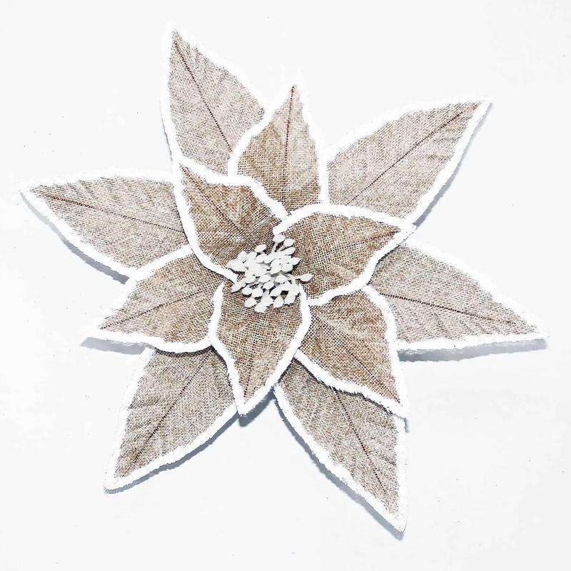Tte de poinsettia en jute naturelle  contour blanc avec clip, 11,5"