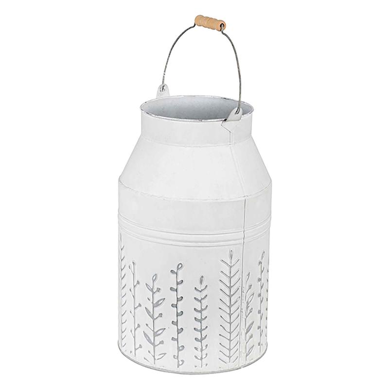 Pot  lait dcoratif en mtal emboss blanc avec poignes, 8'' x 14''