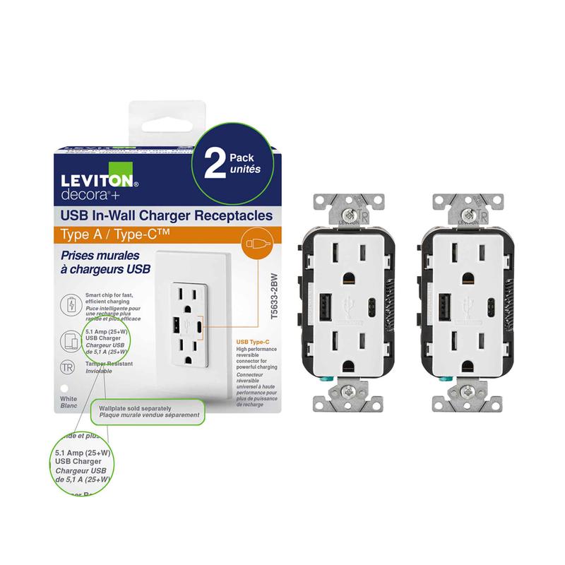 Prise double Decora Plus avec chargeurs USB de Type-A et Type-C, blanc (2 units)