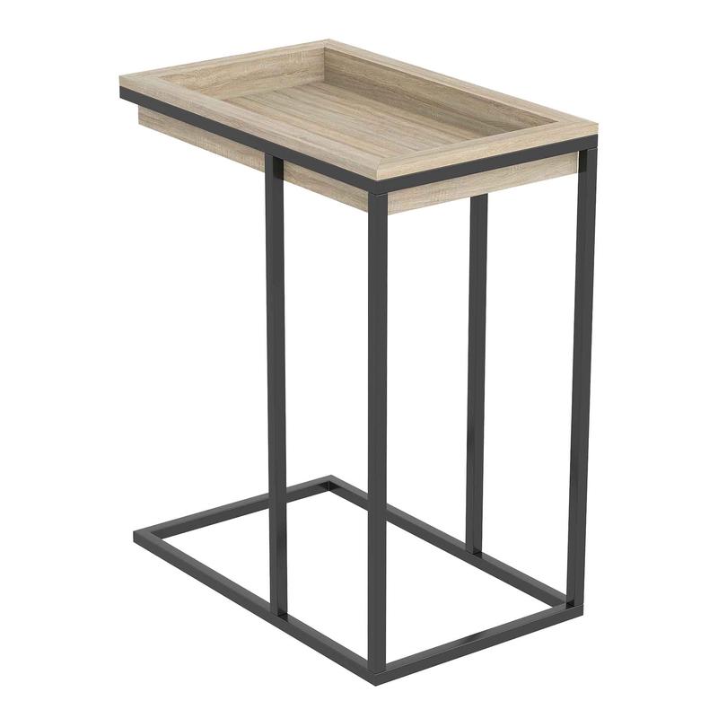 Table d'appoint en forme de C avec plateau encastr d'aspect bois rcupr et base en mtal noir, 20,25" x 12,5" x 24,25"