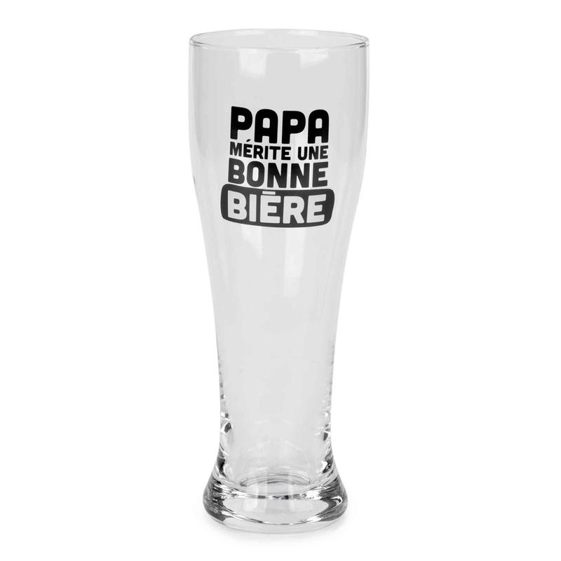 Verre  bire avec inscription en noir ''PAPA MRITE UNE BONNE BIRE'', 3" x 8"