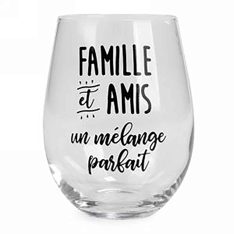 Verre  vin sans pied avec inscription en noir "FAMILLE et AMIS...", 3,5" x 5"