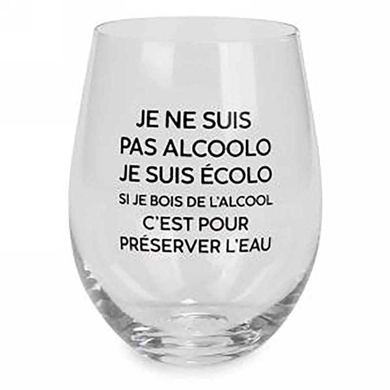 Verre  vin sans pied avec inscription en noir "JE NE SUIS PAS", 3,5" x 5"