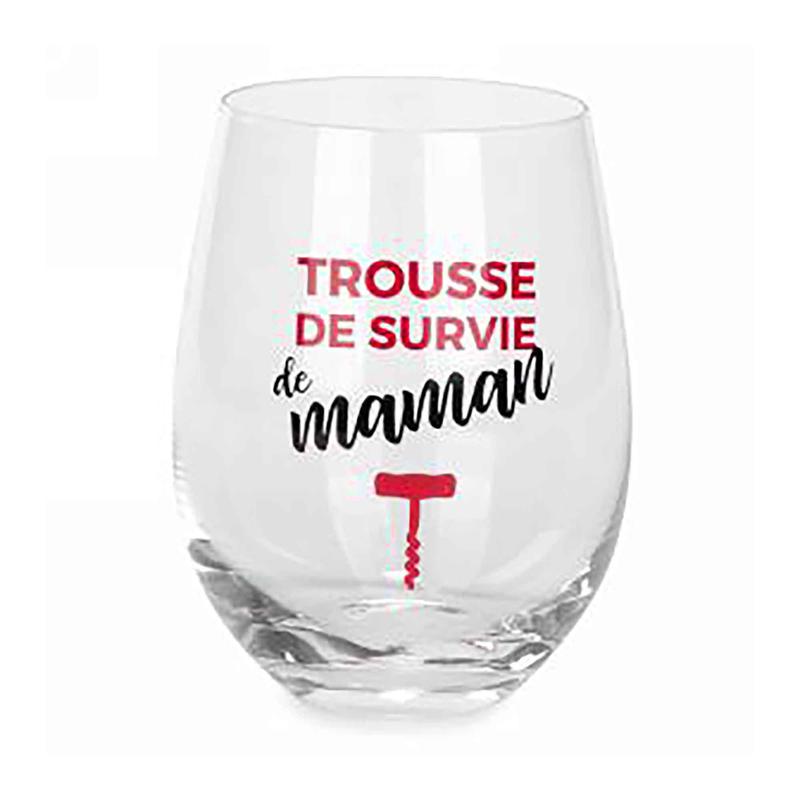 Verre  vin sans pied avec inscription en rouge et noir " Trousse de survie de maman", 3,5" x 5"
