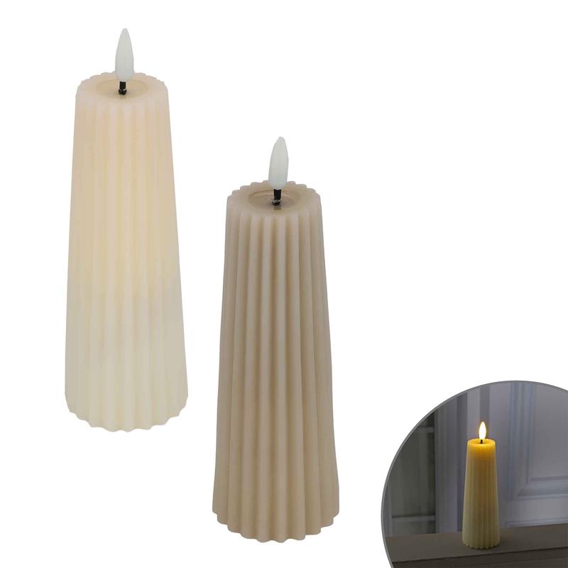 Bougie pilier en cire strie  DEL avec flamme 3D, 8,7'' (choix entre 2 couleurs)