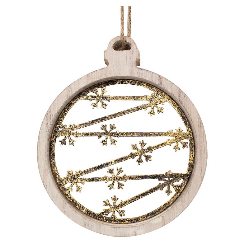 Boule en bois avec flocons or  suspendre, 5''