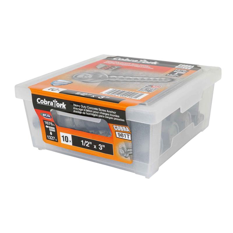 Vis dancrage plaqu zinc pour bton Cobra Tork, 1/2" x 3" (10 units)
