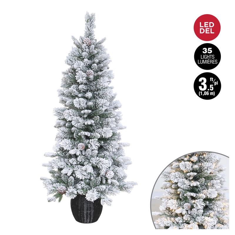 Arbre de 162 pointes floques en PVC avec 35 lumires DEL dans un pot en rotin noir, 3,5' (1,06 m)