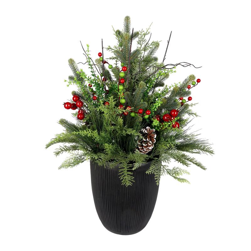 Arrangement de pin orn de baies et de pommes de pin dans un pot noir, 31''