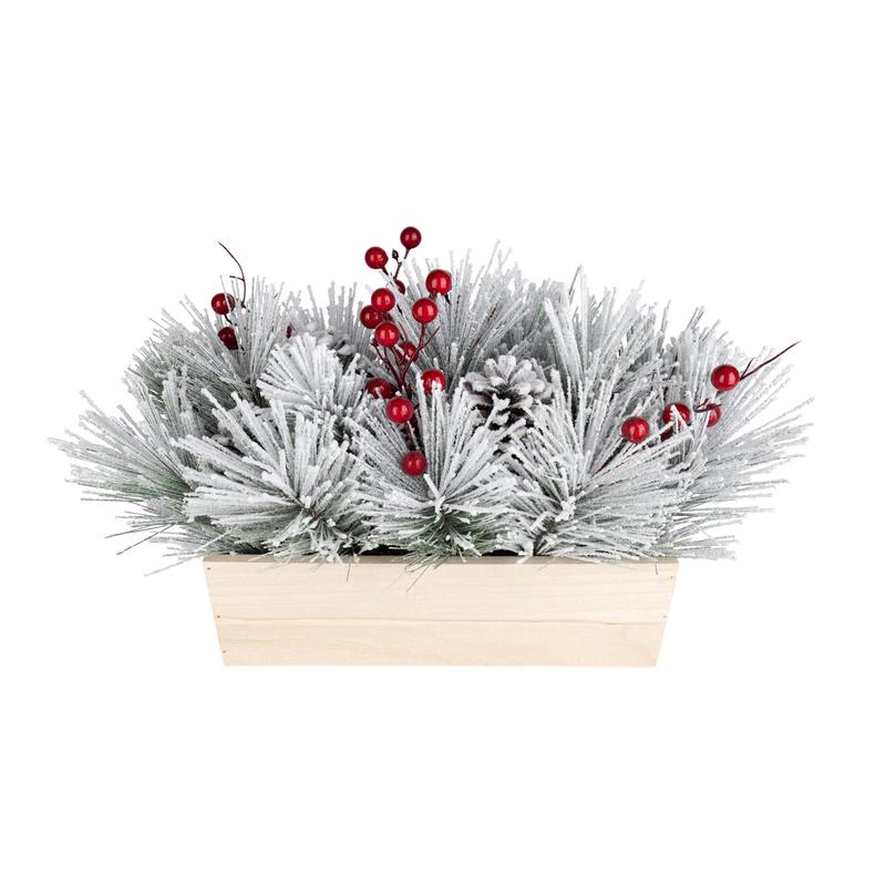 Arrangement de table en pin floqu avec baies et pommes de pin, 12''