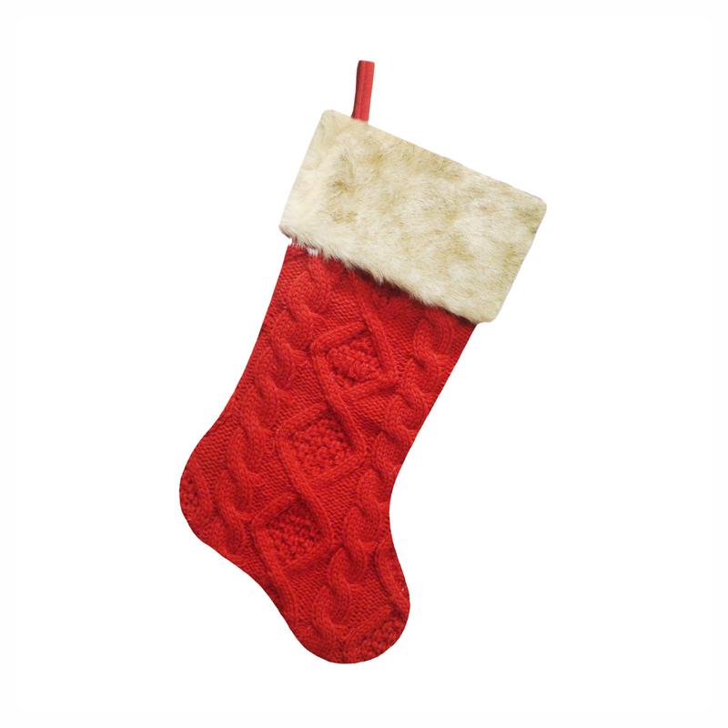 Bas de Nol tricot avec manchette en fausse fourrure, 20,5" (rouge)