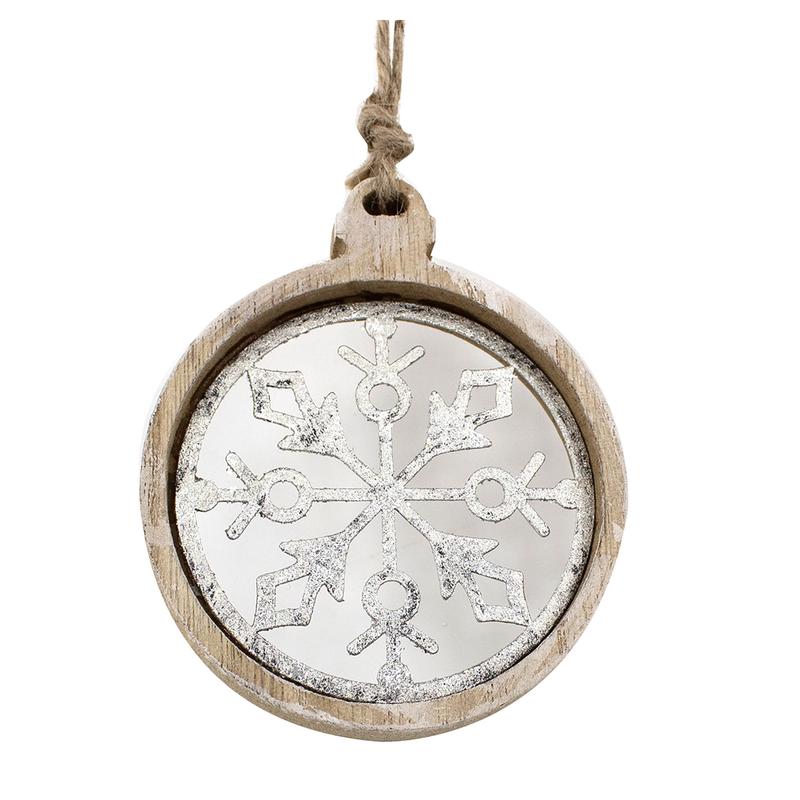 Boule dcorative en bois avec flocon argent  suspendre, 3,5''