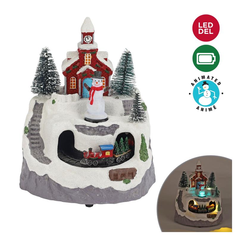 Scne lumineuse  DEL en rsine anime de Nol avec glise et train en montagne, 6'' x 5'' x 7''