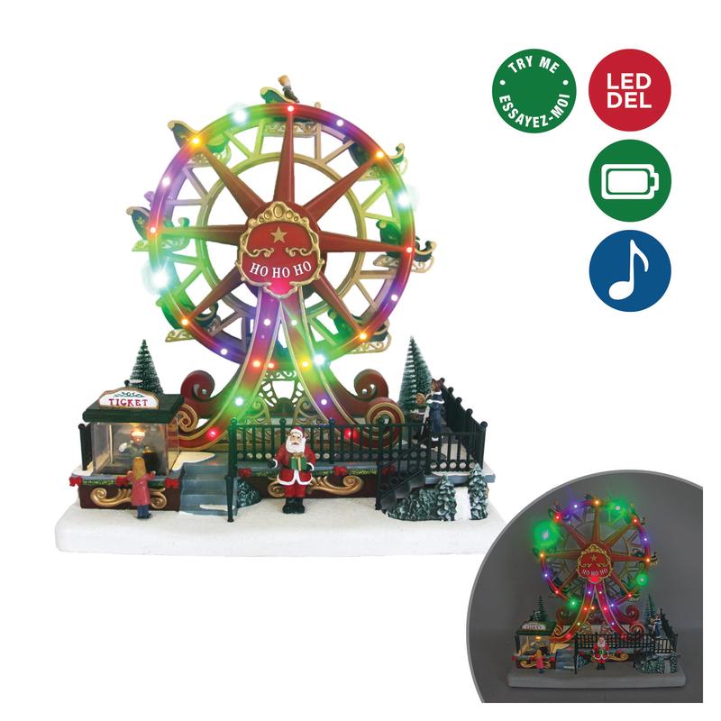 Scne lumineuse  DEL en rsine anime et musicale de Nol avec grande roue tournante, 11'' x 7'' x 12''