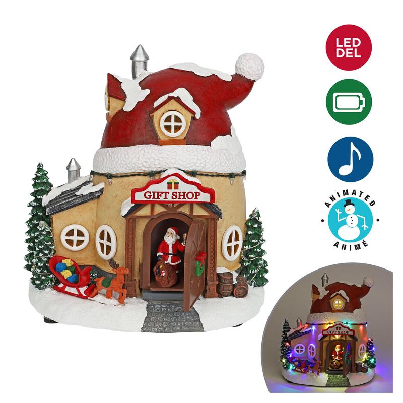 Scne lumineuse  DEL en rsine anime et musicale de Nol avec magasin de cadeaux, 9'' x 6'' x 9''