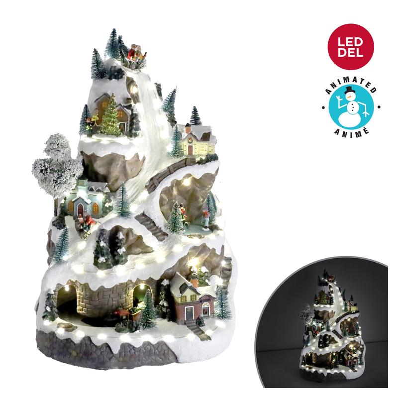 Village de Nol anim avec lumire DEL comportant un train, patineurs et arbres de Nol, 17''