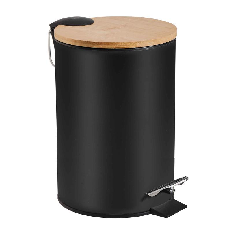 Poubelle ronde  pdale en mtal noir et en bambou, 12 L
