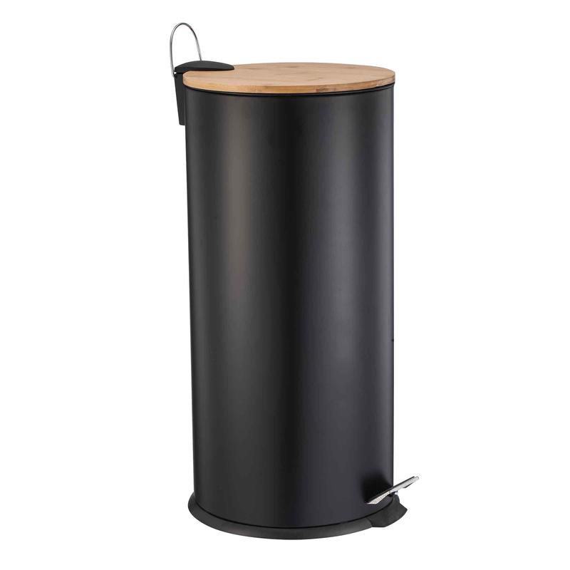 Poubelle ronde  pdale en mtal noir et en bambou, 30 L