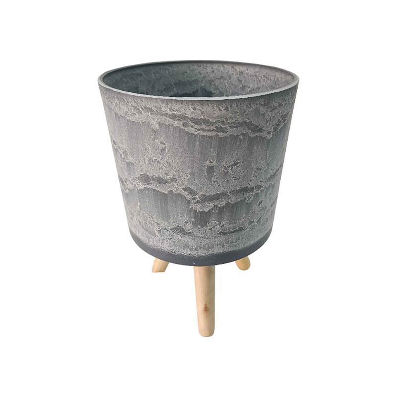 Pot rond gris fonc sur pieds en bois, 16' 'x 10''