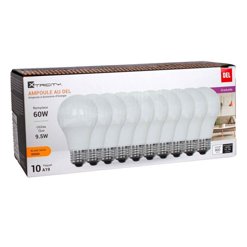 Ampoule graduable DEL A19 9,5 W blanc doux 3 000K, 10 units