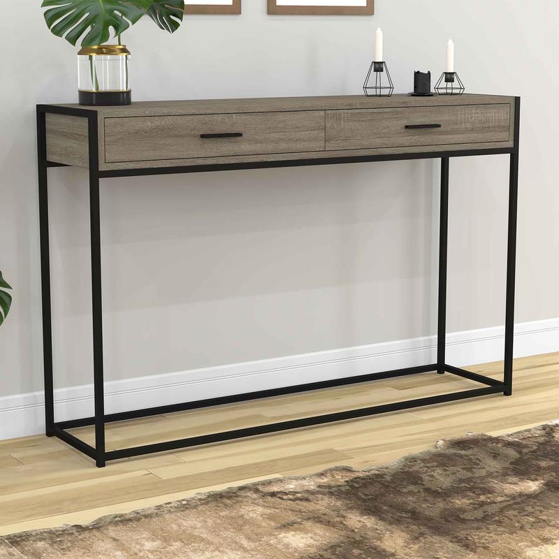 Table console au fini taupe avec structure mtallique noire, 2 tiroirs