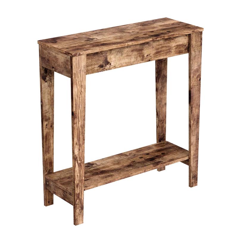 Table console d'aspect bois brun rcupr  2 tagres, 31,25" x 11,5" x 34"