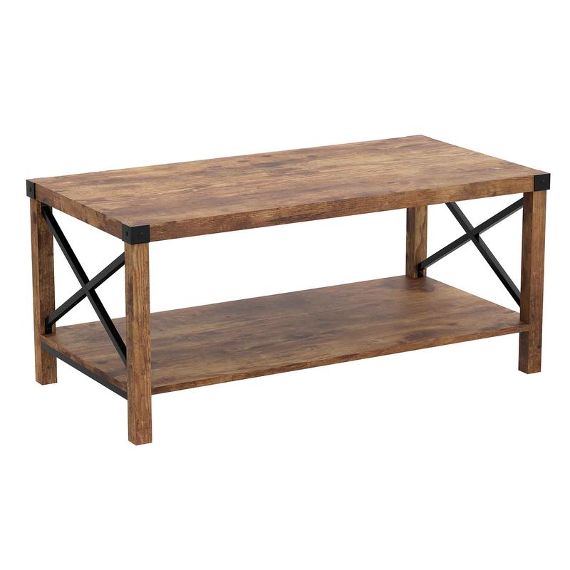 Table de salon d'aspect bois brun rcupr avec cots en mtal noir, 39,5" x 19,75" x 17,75"