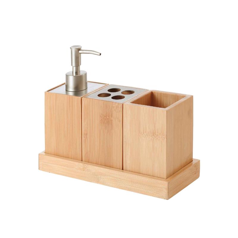Accessoires de salle de bain en bambou et acier inoxydable, 4 pices