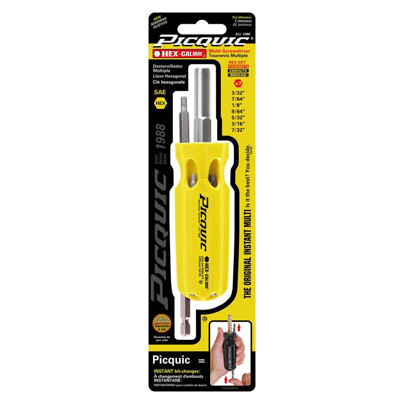 Tournevis multifonction HEX-CALIBRE HEXAGONAL SAE pleine grandeur avec embouts de 3'', 7 en 1 (jaune)