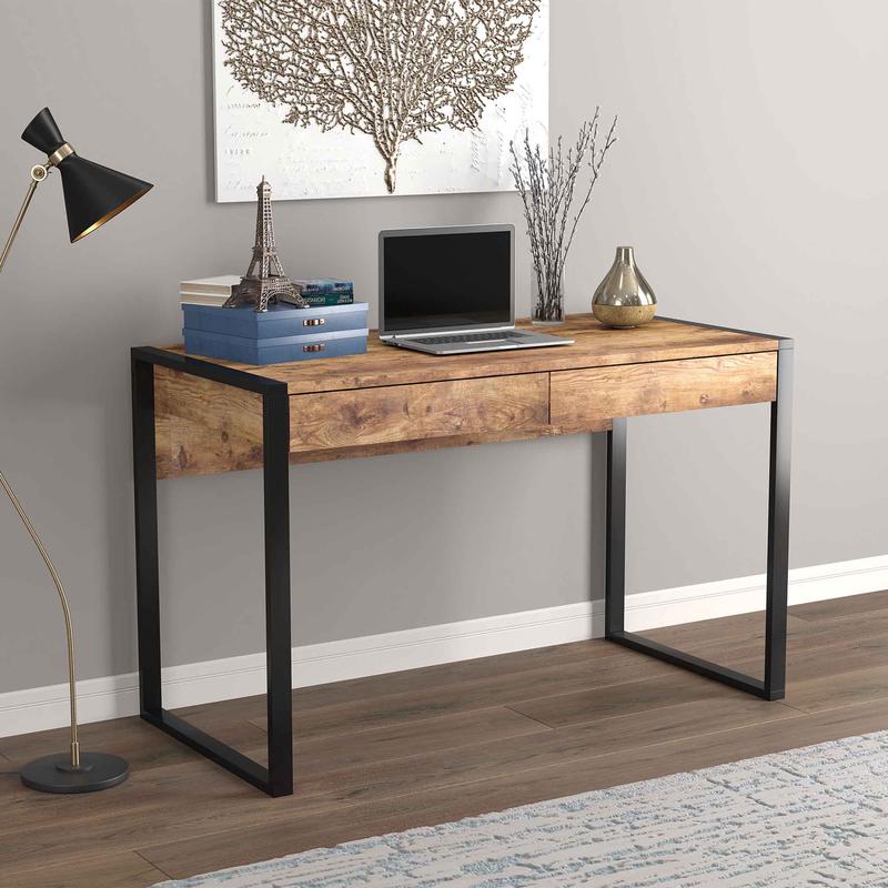 Bureau en bois brun rcupr avec structure en mtal noir  2tiroirs, 47" x 23" x 30"