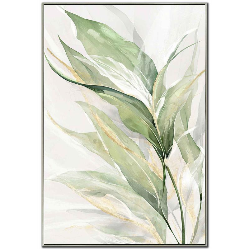 Toile embellie  la main avec cadrage feuilles vertes (gauche), 28'' x 42''