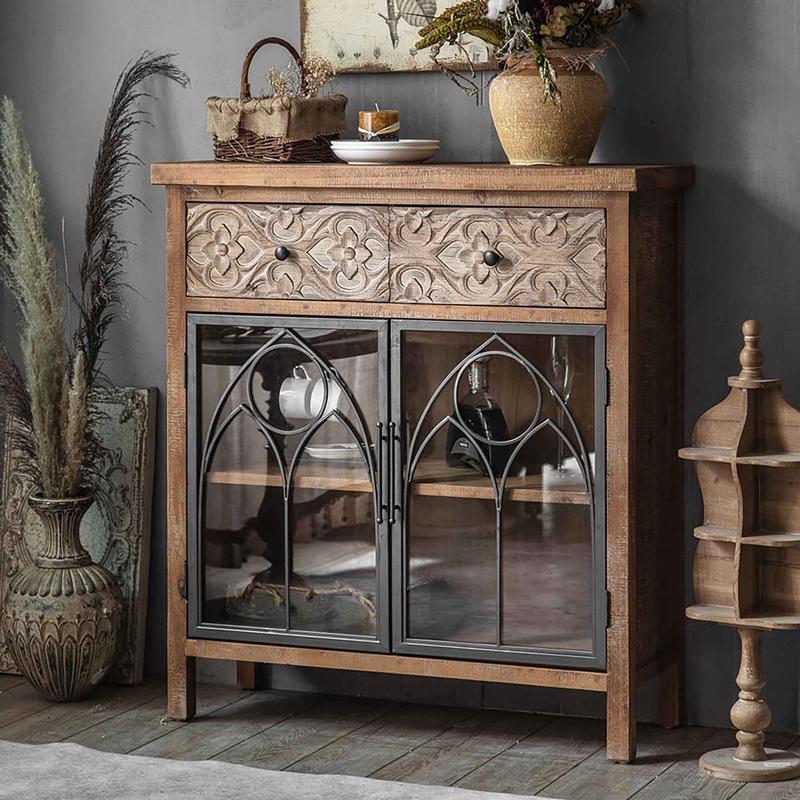 Buffet en bois  2tiroirs avec 2 portes vitres en mtal, 36-1/2'' x 14'' x40-1/2''