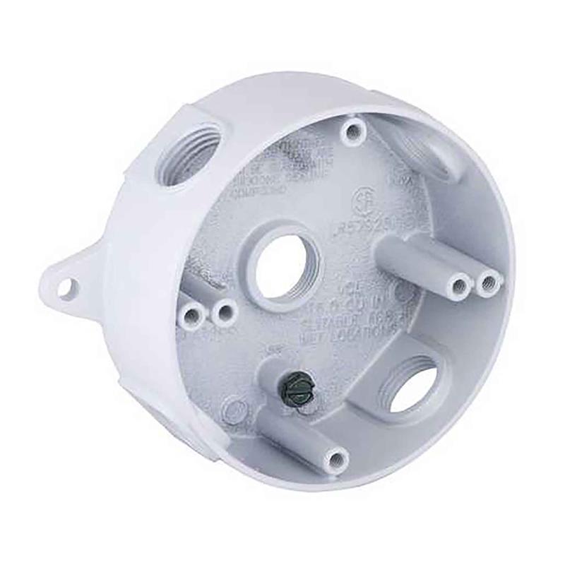 Bote mtallique tanche ronde  lpreuve des intempries  5 sorties filetes de 1/2'', 1-1/2" de profondeur (blanc)