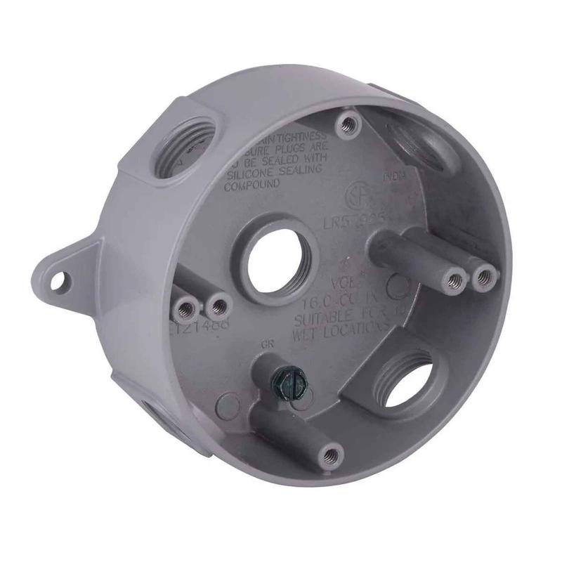 Bote mtallique tanche ronde  lpreuve des intempries  5 sorties filetes de 1/2'', 1-1/2" de profondeur (gris)