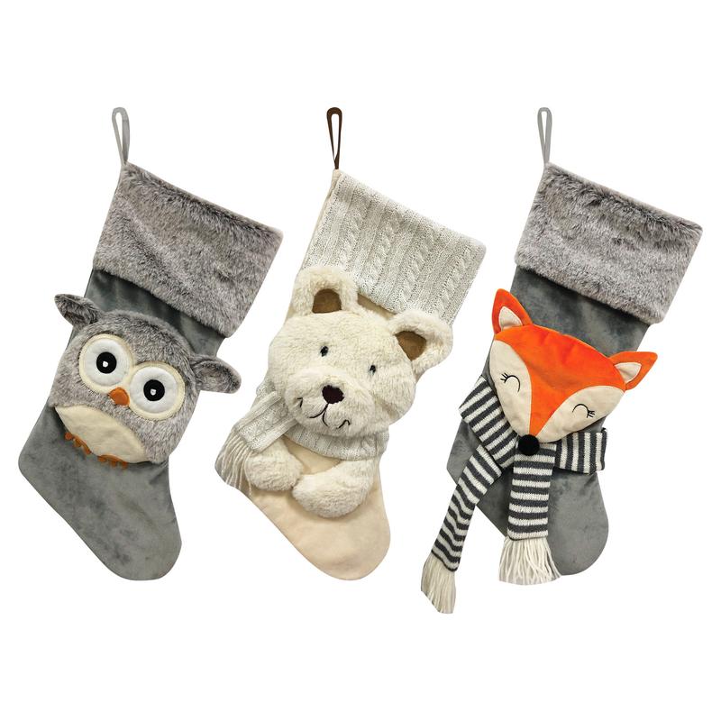 Bas de Nol avec figure d'animal en peluche 3D, choix entre 3 modles