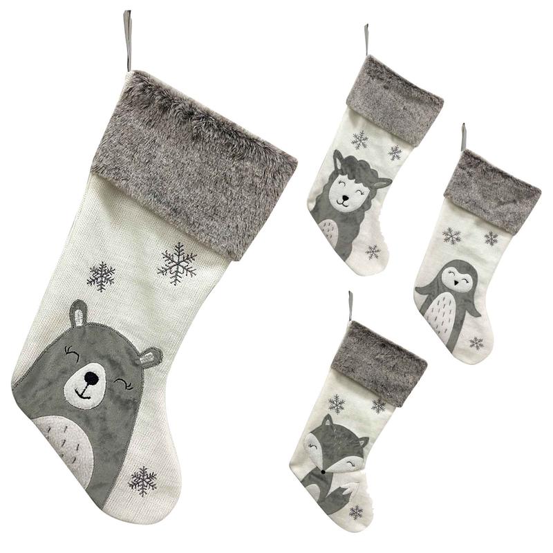 Bas de Nol gris et beige avec animal, choix entre 4 modles : pingouin, ours, renard ou mouton (48cm)