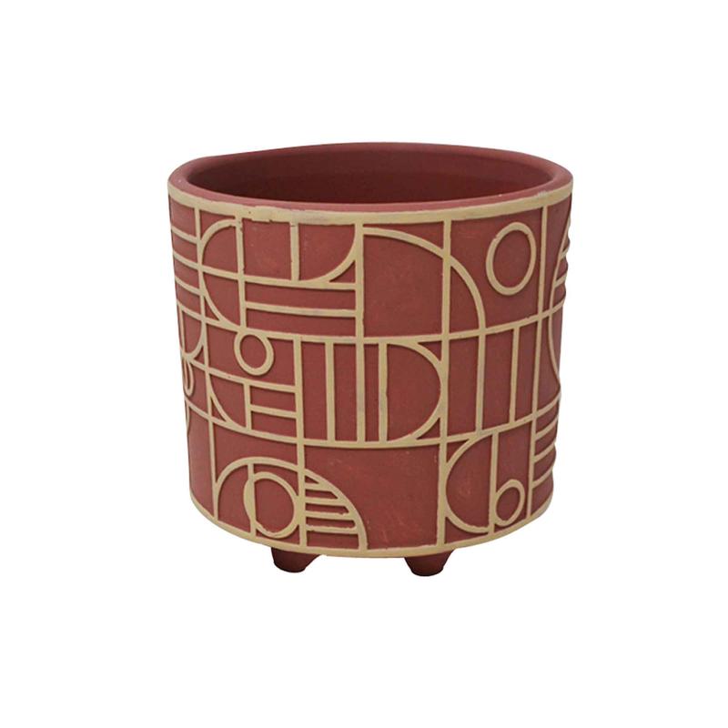 Pot en ciment rouge avec motifs gomtriques, 4,7" x 4,5"