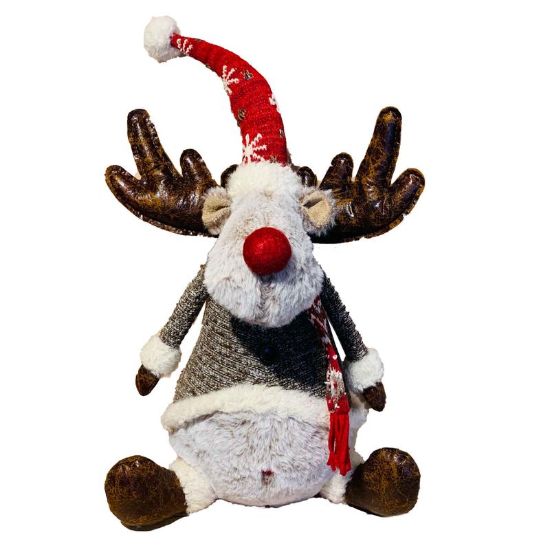 Renne en fourrure assis avec chandail brun, 51cm